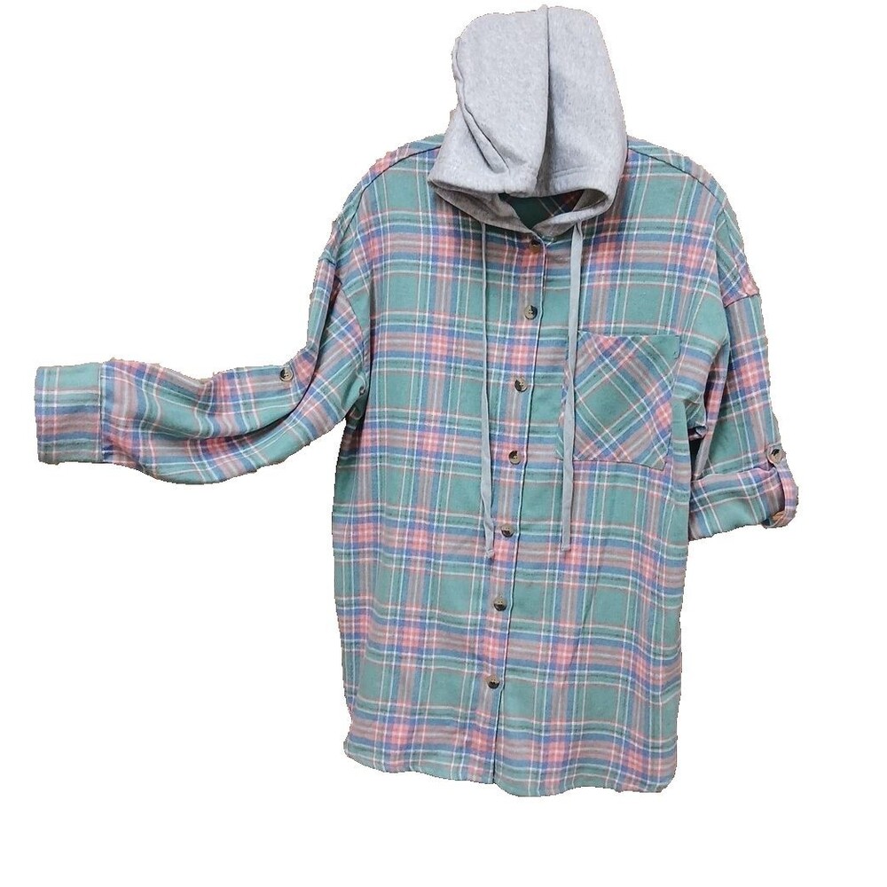 Vanilla Bay Small Flannel Hoddie Button Up Roll Tab Sleeve